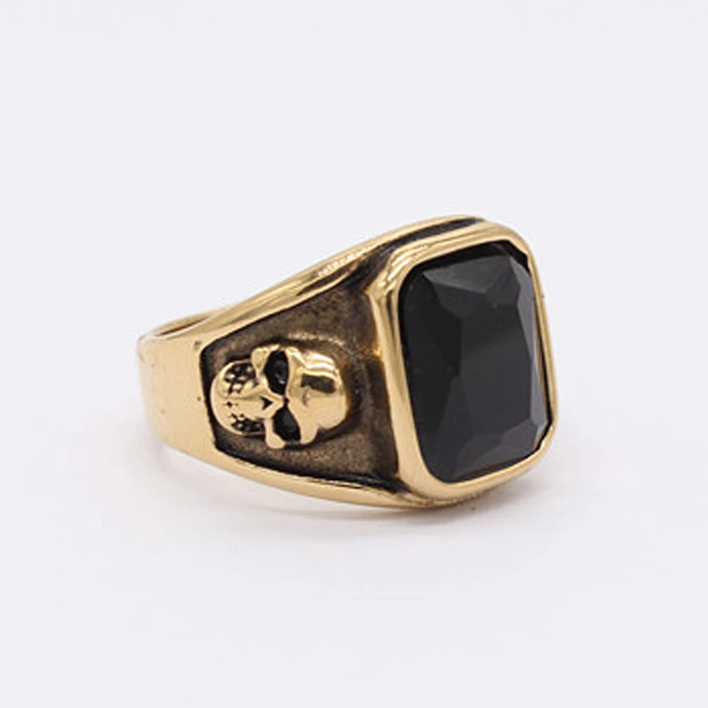 Punk Retro Personality Black Stone Ring Creative Unique Stainless Steel Skull Ring Men\'s Boys Fashion Jewelry Gifts Wholesale