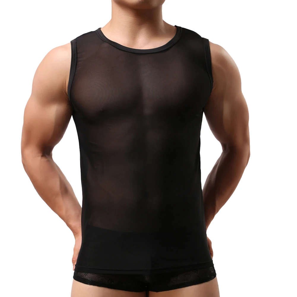 

Mens Sleeveless Mesh Tank Tops See-Through T-Shirt O Neck Workout Gym Muscle Tee Breathable Tanks Gay Erotic Lingerie