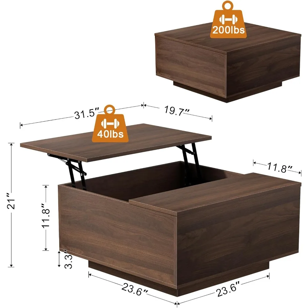 Mesa de centro elevatória, mesa de centro quadrada de madeira com armazenamento, mesas de centro de fazenda com compartimento de armazenamento oculto
