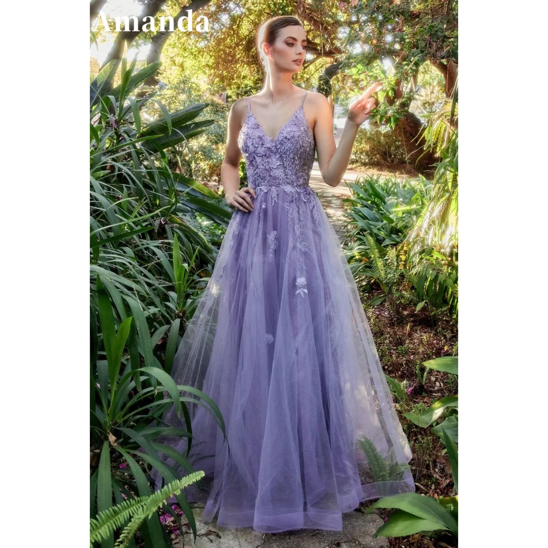 

Amanda Purple Spaghetti Strap vestidos de noche Lace Embroidery Tulle A-line Prom Dresses Elegant Sleeveless Formal Evening 2024