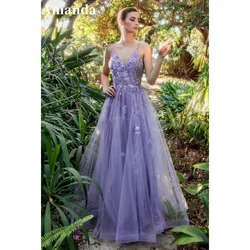 Amanda Purple Spaghetti Strap vestidos de noche Lace Embroidery Tulle A-line Prom Dresses Elegant Sleeveless Formal Evening 2024