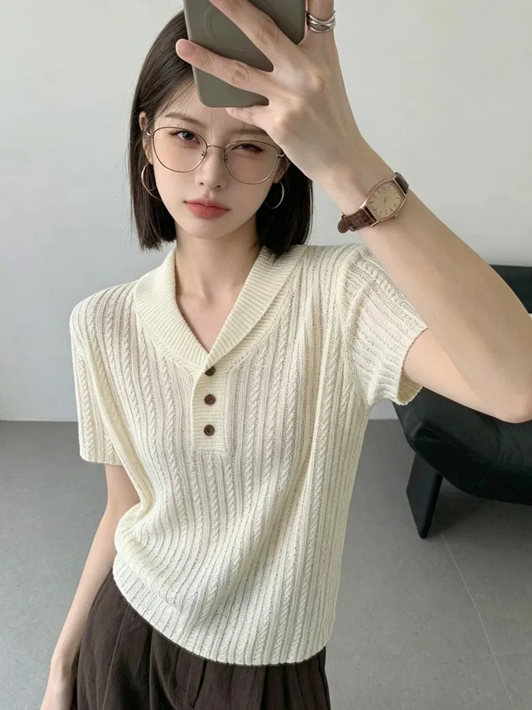 Ice Silk Knitted  Shirt Short Sleeve Turn-down Collar Twist Design Premium Quality Summer Fashion for Young Women