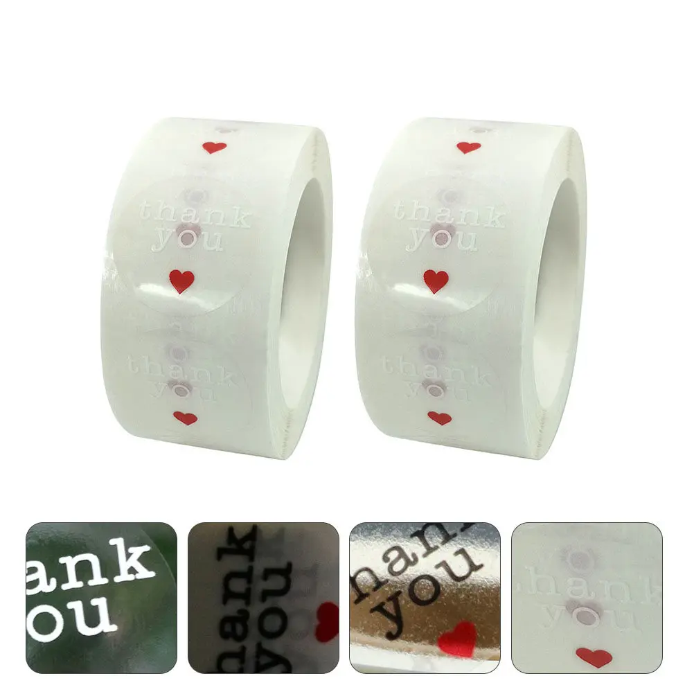 

500Pcs Thanks Sealing Stickers Red Heart Thank You Label Two Rolls Transparent Round Stickers for Gift Packaging Cards