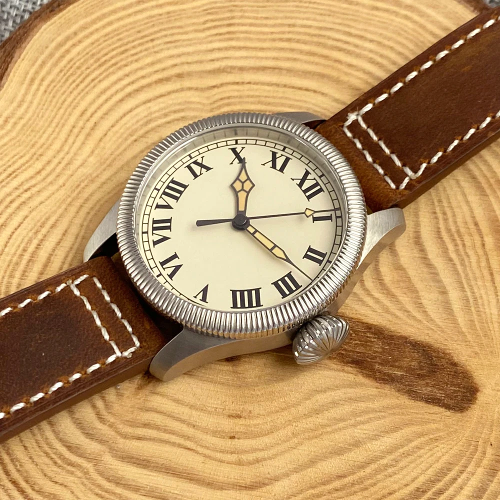 Tandorio 39mm Dress 20ATM Dive Automatic Watch Men Pilot Cream Dial NH35A PT5000 Sapphire Luminous Leather Band Big Onion Crown