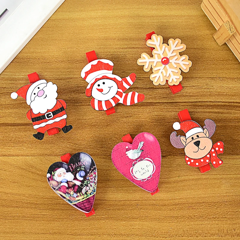 

6pcs/Set Christmas Creative Wooden Clips Cartoon Snowman Santa Claus Elk Snowflake Wood Hair Clip New Year Gift Party Decoration