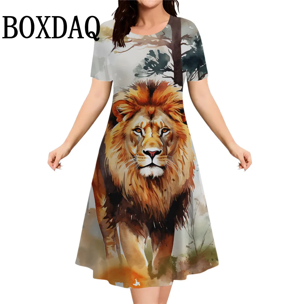 Summer New Fashion Tie Dye Lion 3D Printed Dress Animal Lion Print Women Cool Casual Loose A-Line Dress Harajuku Street Clothes