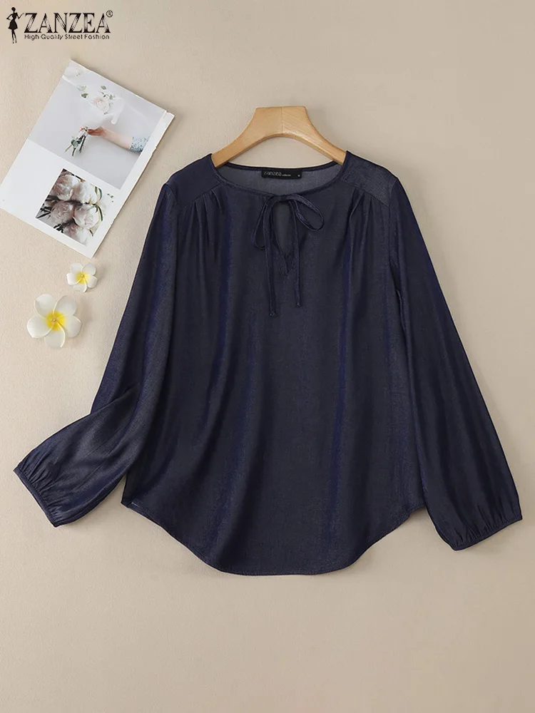

ZANZEA Women Loose Lace Up Blouses Casual Long Sleeve Tops 2025 Spring Round Neck Loose Blusas Sweety Oversized Femme Tunics