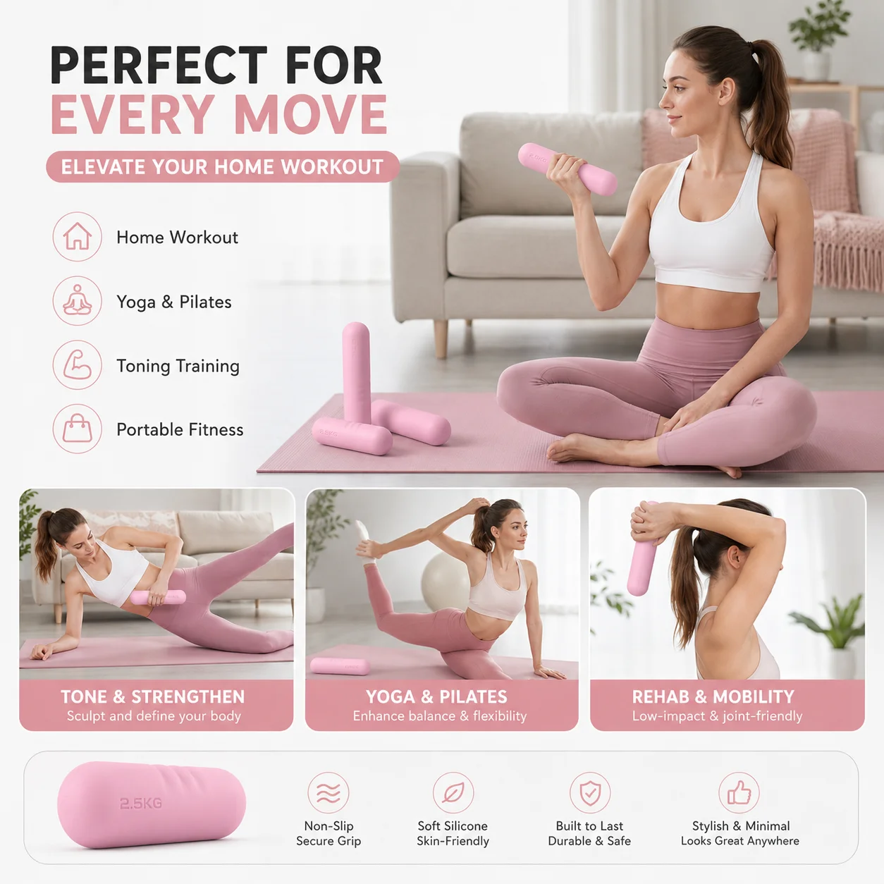 Ensemble d'haltères réglables 1 kg et 2 kg, 2 options de poids, haltères en silicone de qualité supérieure pour sculpter le corps entier à domicile