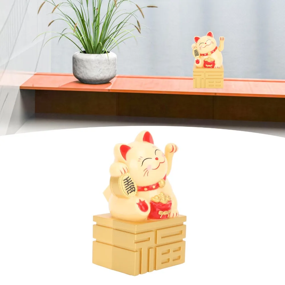 4 Inches Solar Waving Lucky Cat Ornament Plastic Built-in Light Receiving Panel Car Dashboard Cultural Cat Figurine Yellow
