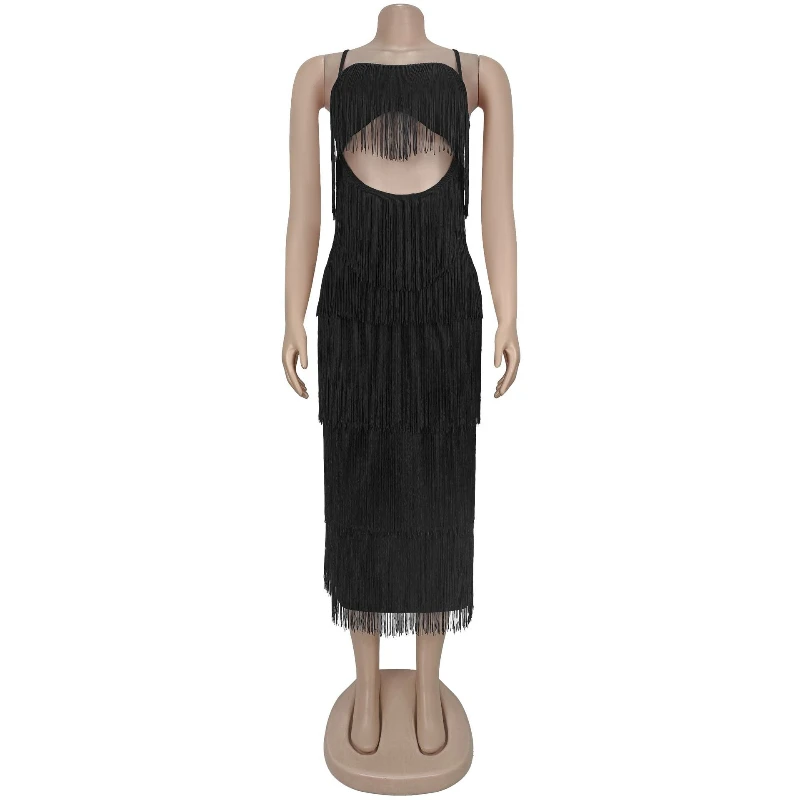 Vestido longo feminino borla em camadas cinta de espaguete sem costas maxi verão 2025 férias sexy festa de aniversário vestidos