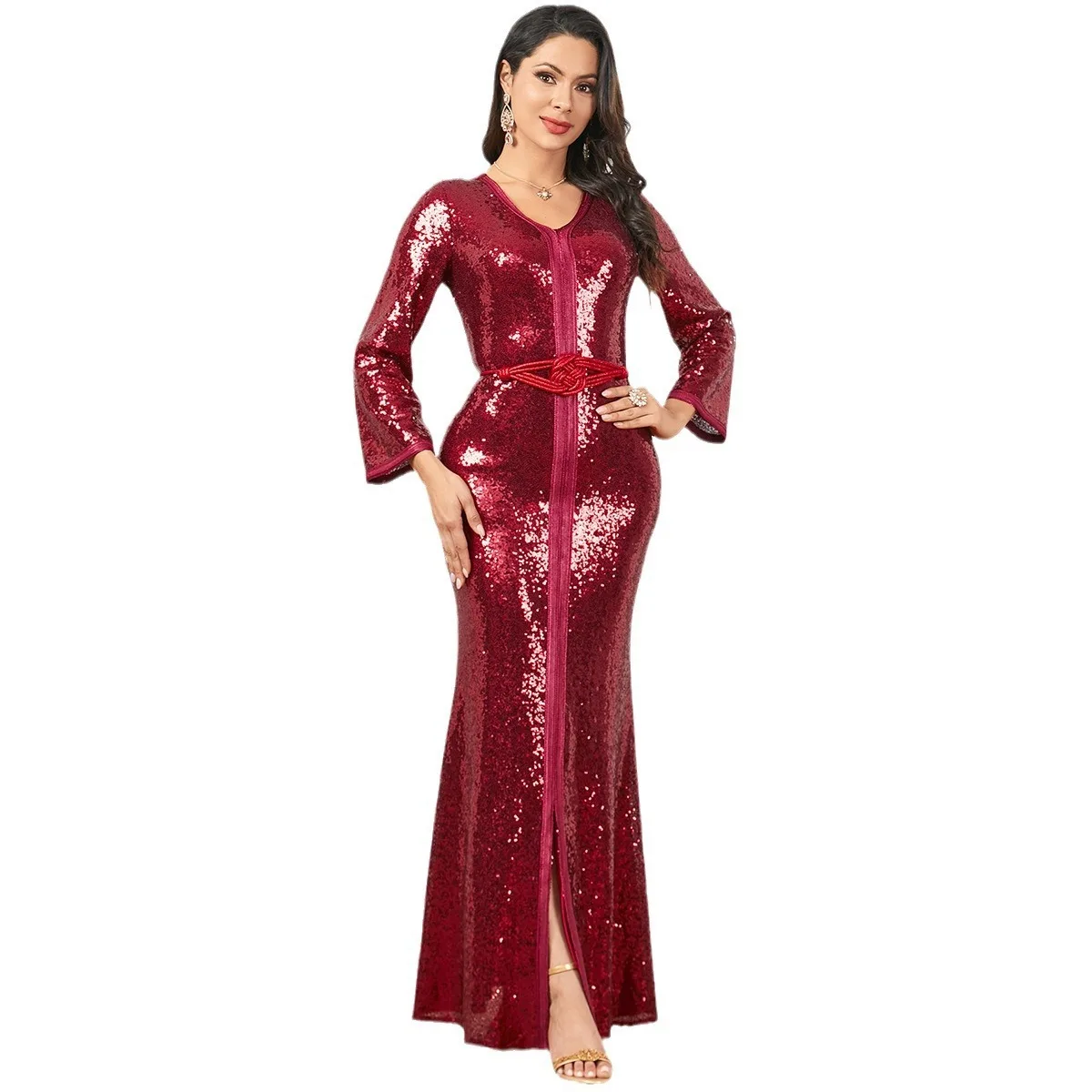 3912 Muslim Dubai long dress V-neck slim fit fashionable slit robe dress