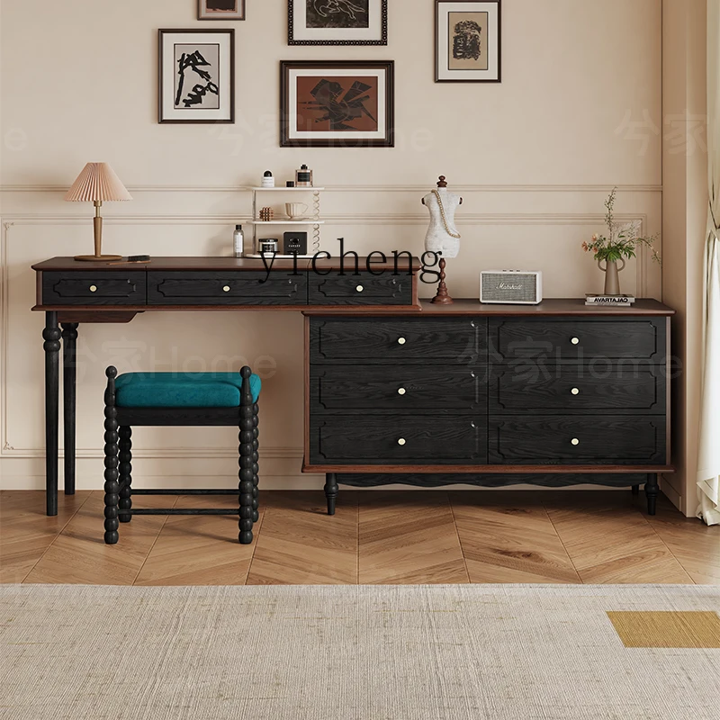 

GZ retro style dresser chest integrated against the wall bedroom storage corner end of bed makeup table