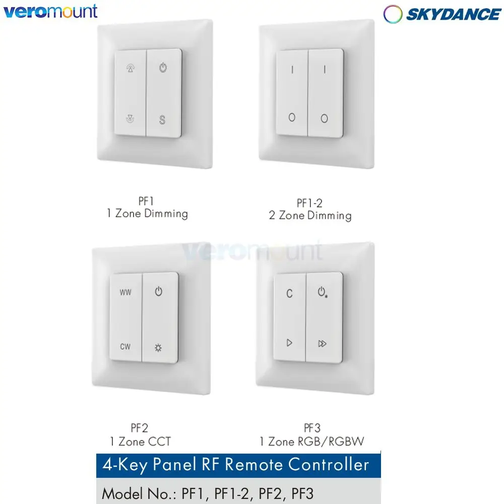 Skydance PF1-2 RF 2.4G Wall Mounted Panel Switch 4-Key Remote Switch Brightness Panel Wireless Single Color LED Dimmer Remote