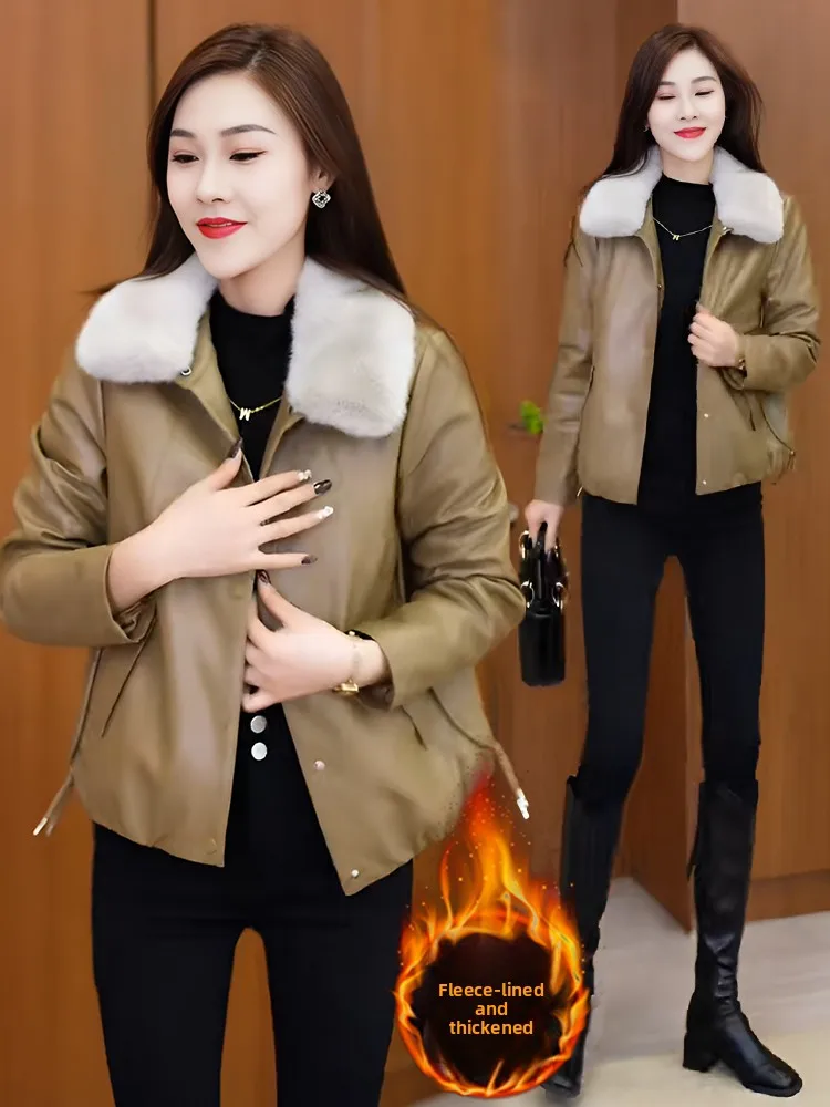 Faionable Fce مبطن الجلود Jaet المرأة ort Thiened الخريف الشتاء جديد Sle معطف جلد متعدد الاستخدامات Sli Commut...