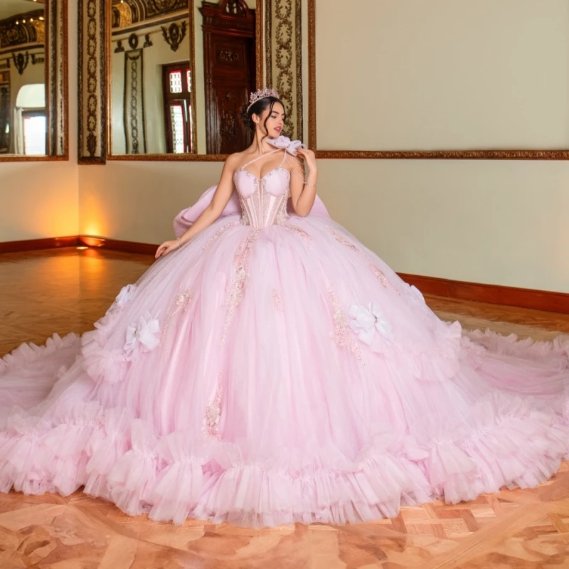 

Pink Shiny Quinceanera Dresses Ball Gown Off The Shoulder Applique Flower Beading Crystal Bow Tiered Tull Corset Party Birthday