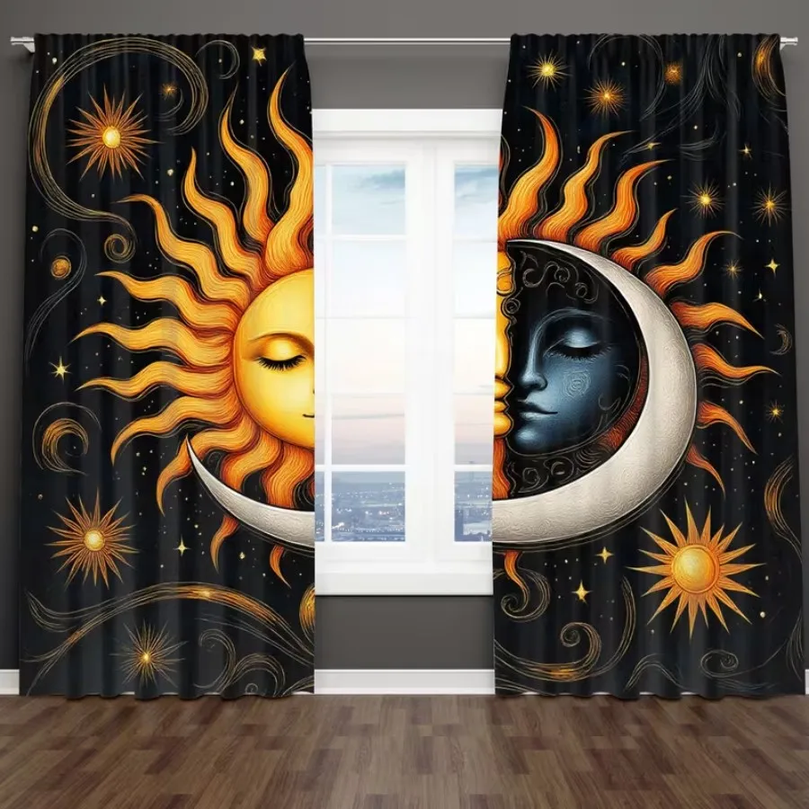 2 PCS Mysterious Sun Moon Curtains, Tarot Mystic Style Window Drapes for Living Room Bedroom Home Decor Polyester Rod Pocket