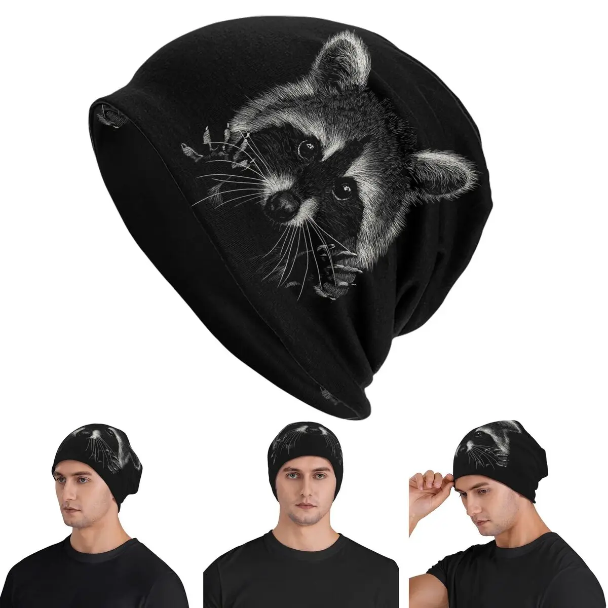 

Шапки-бини Racoon Skullies, теплая осенне-зимняя уличная шапка, вязаные шапки с капюшоном для взрослых унисекс