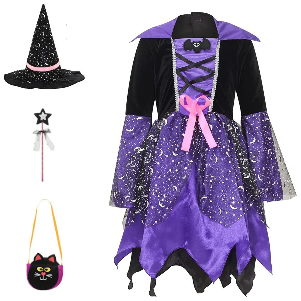 Halloween Witch Cosplay Costume para Crianças, Vestido Mágico Disfarçado, Chapéu, Conjunto completo para meninas, Roupa para festa de carnaval, Roupas de palco