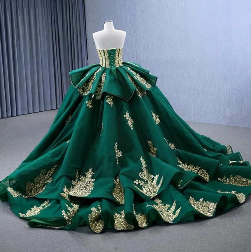 Hunter Green Princesa Quinceanera Vestidos, Pérolas douradas Applique Desoja Espartilho, Doce 15 Prom Gown