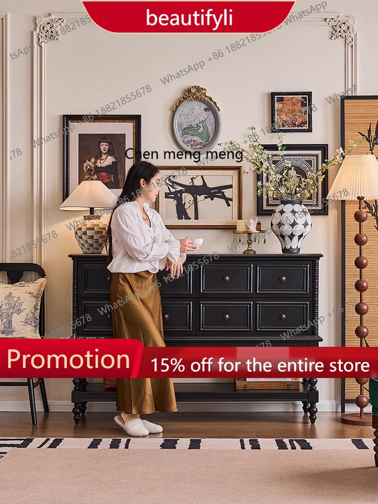 

Q181 French retro solid wood chest, living room wall storage, medieval entrance side cabinet, partition side cabinet