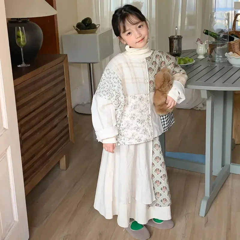 2025 Autumn Edition Girls' Korean Edition Color Blocked Thick Two Piece Set Children's Retro Cotton Jacket Skirt Set