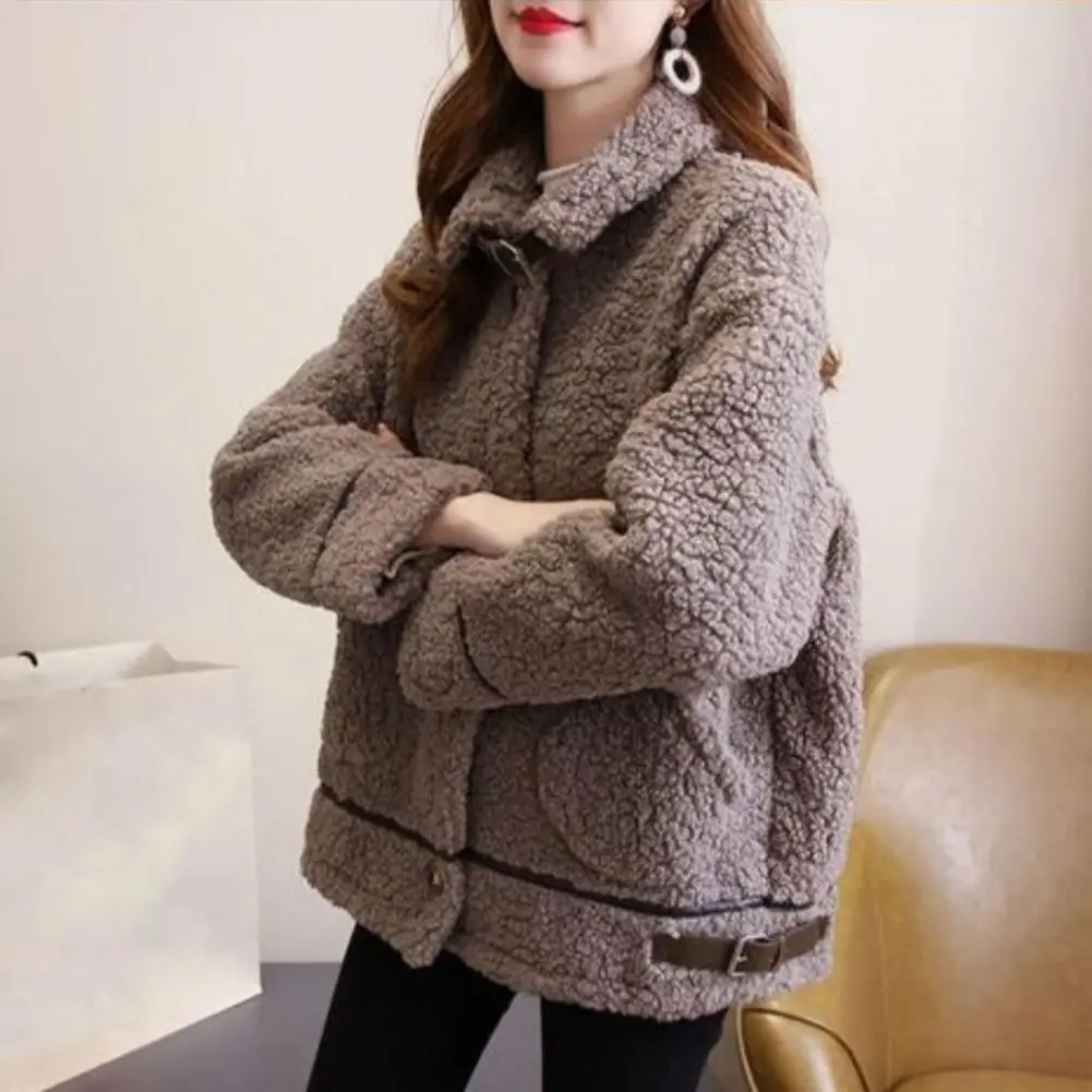 Lapel Wool Jacket Stylish Winter Women's Coat with Turn-down Collar Plush Pockets Belt Decor Stay Warm Fashionable in for Cold