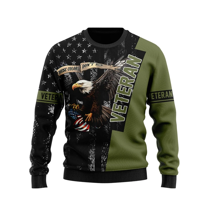 American Veteran Ugly Christmas Sweater For Men Clothes Casual Male Streetwear USA Soldier Graphic Sweatshirts Autumn Unisex Top