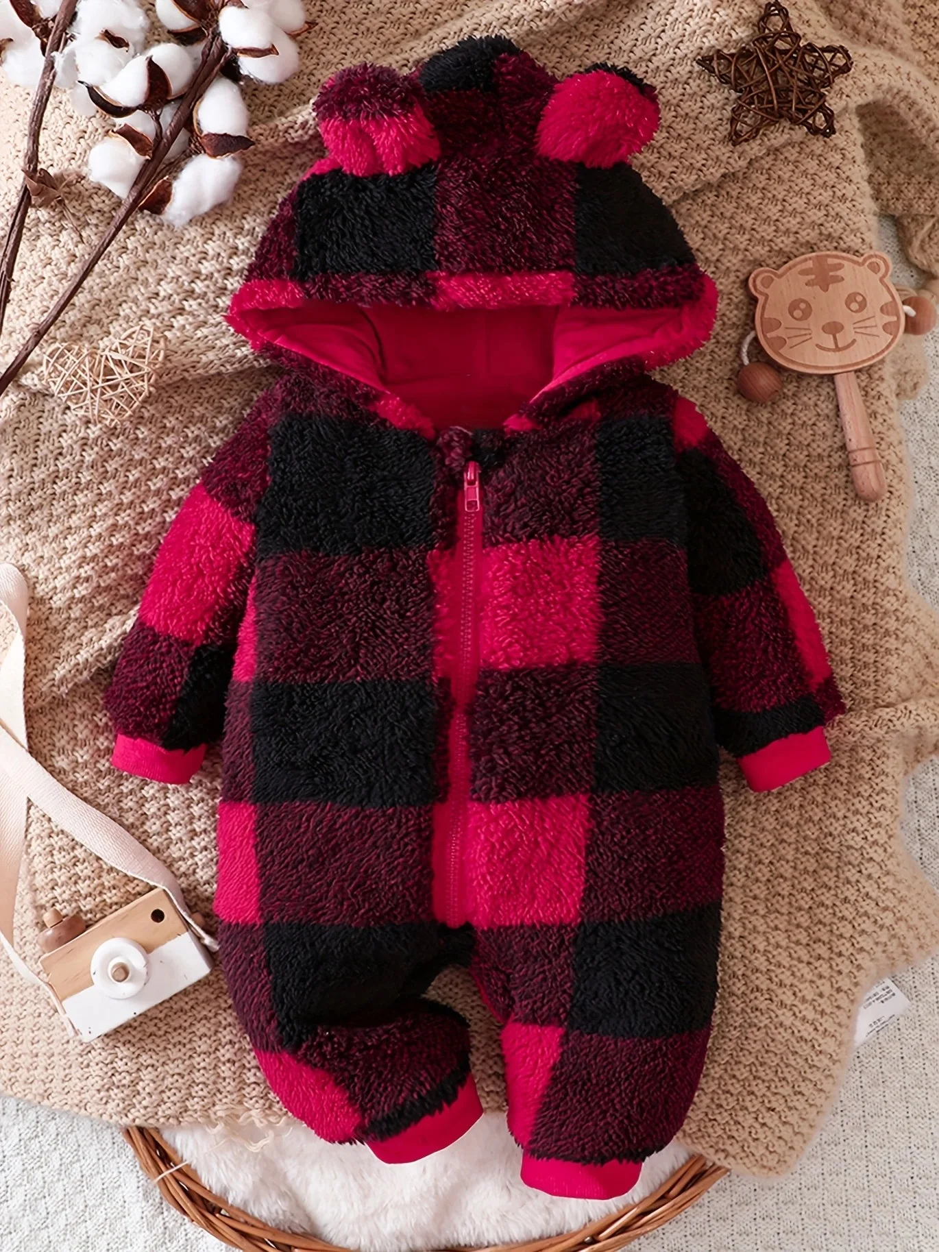 0-1 year old newborn baby boys and girls autumn and winter ear hooded zipper long sleeved checkered jumpsuit