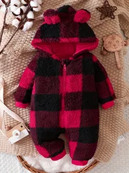 0-1 year old newborn baby boys and girls autumn and winter ear hooded zipper long sleeved checkered jumpsuit