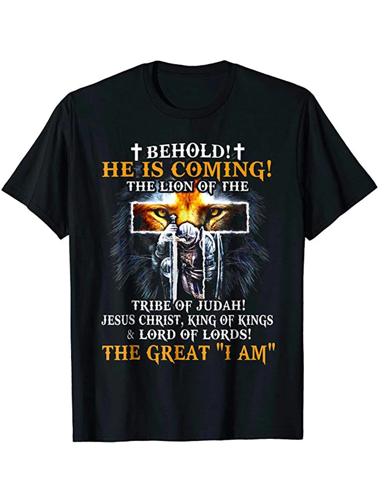 Behold He Is Coming. The Lion of The Tribe of Judah Jesus Christ T-Shirt. Premium Cotton Short Sleeve O-Neck Mens T Shirt New