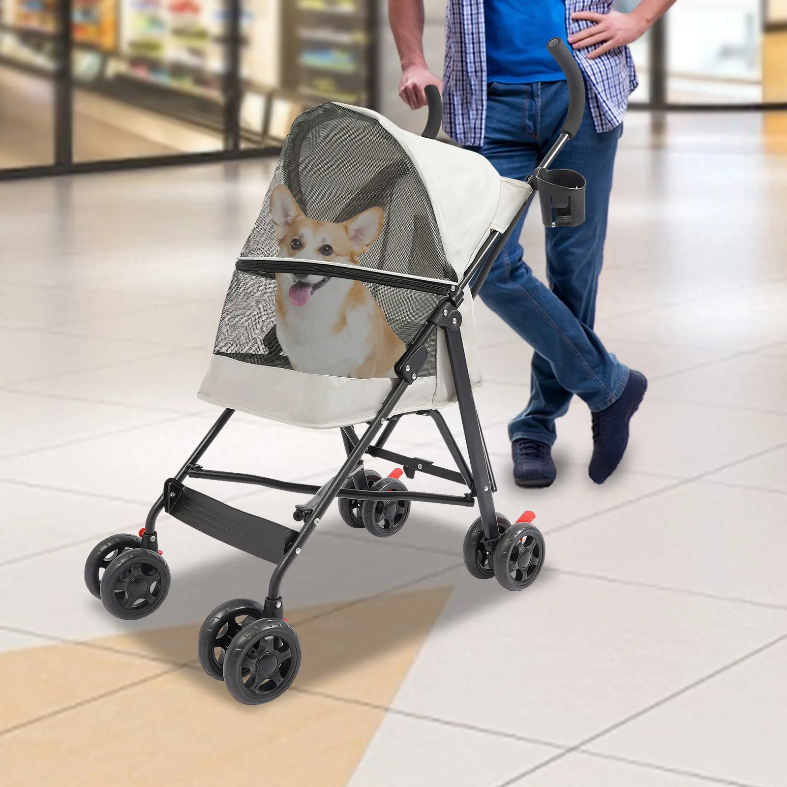 

Серая коляска для собак 55*45*97 см, дорожная коляска, складная дорожная коляска для домашних животных с 4 колесами, дождевик, держатель для чашки