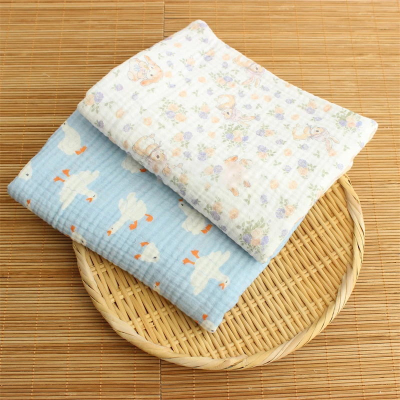 0,5 m/1 m/2 m weicher Kaninchen- und Gänse-Druck, doppelter Krepp-Gaze-Stoff, 100 % Baumwollstoff, DIY-Nähen, Kleidung, Baby, atmungsaktive Textur