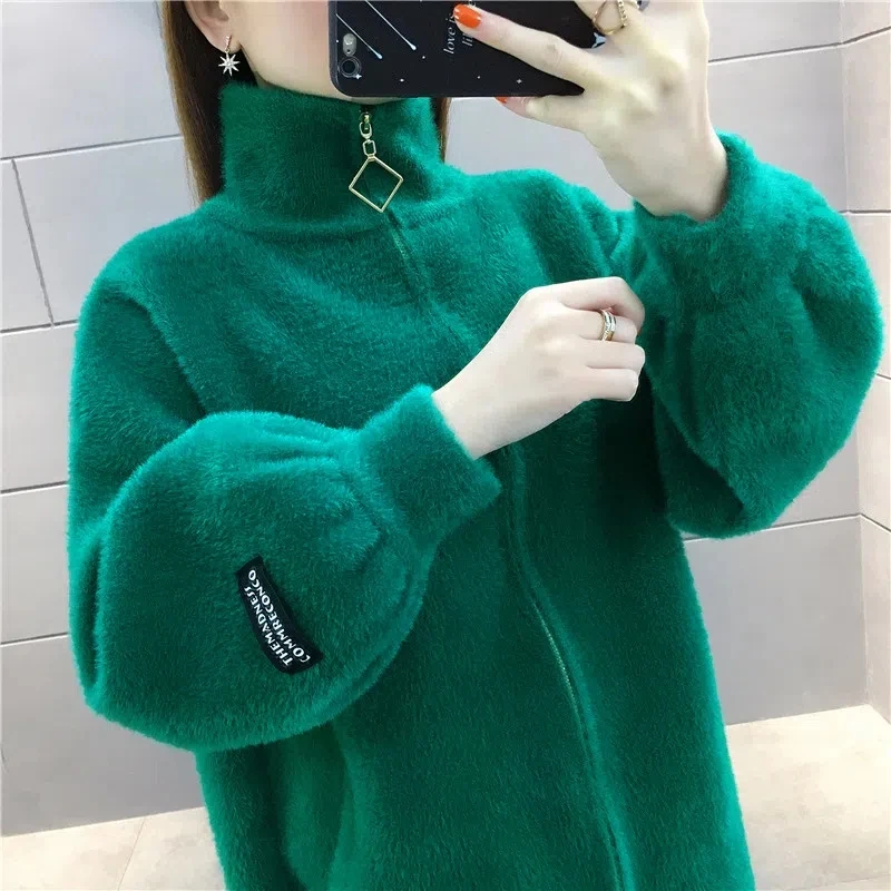 Women\'s Sweater Cardigan 2022 Autumn Winter New Imitation Mink Velvet Coat Women High Collar Loose Thickening Knitted Tops