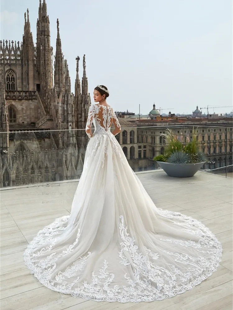 Luxury Mermaid Wedding Dresses for Women Sheer O-neck Long Sleeves Detachable Train Lace Appliques Bridal Gown Robe De Mariee