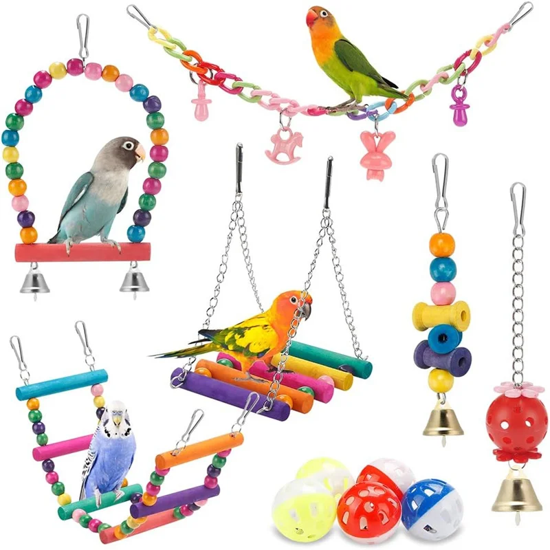 Bird Parakeet Toys 1 Set Of 11pc Swing Hanging Standing Chewing Toy Hammock Climbing Ladder Bird Cage Colorful Toys