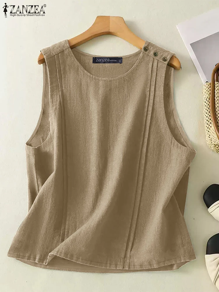 ZANZEA 2025 Summer Cotton Tank Tops Women Vintage Everyday Pleated-Bib O Neck Sleeveless Tees Casual Solid Color Holiday Camis