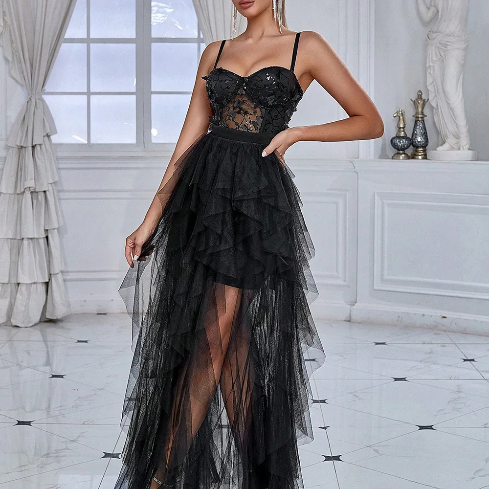 Women Sexy Mesh Cocktail Party Dress Luxurious Spaghetti Strap V Neck Corset Sequins Gala Guest Evening Dress Long Ruffle Dress