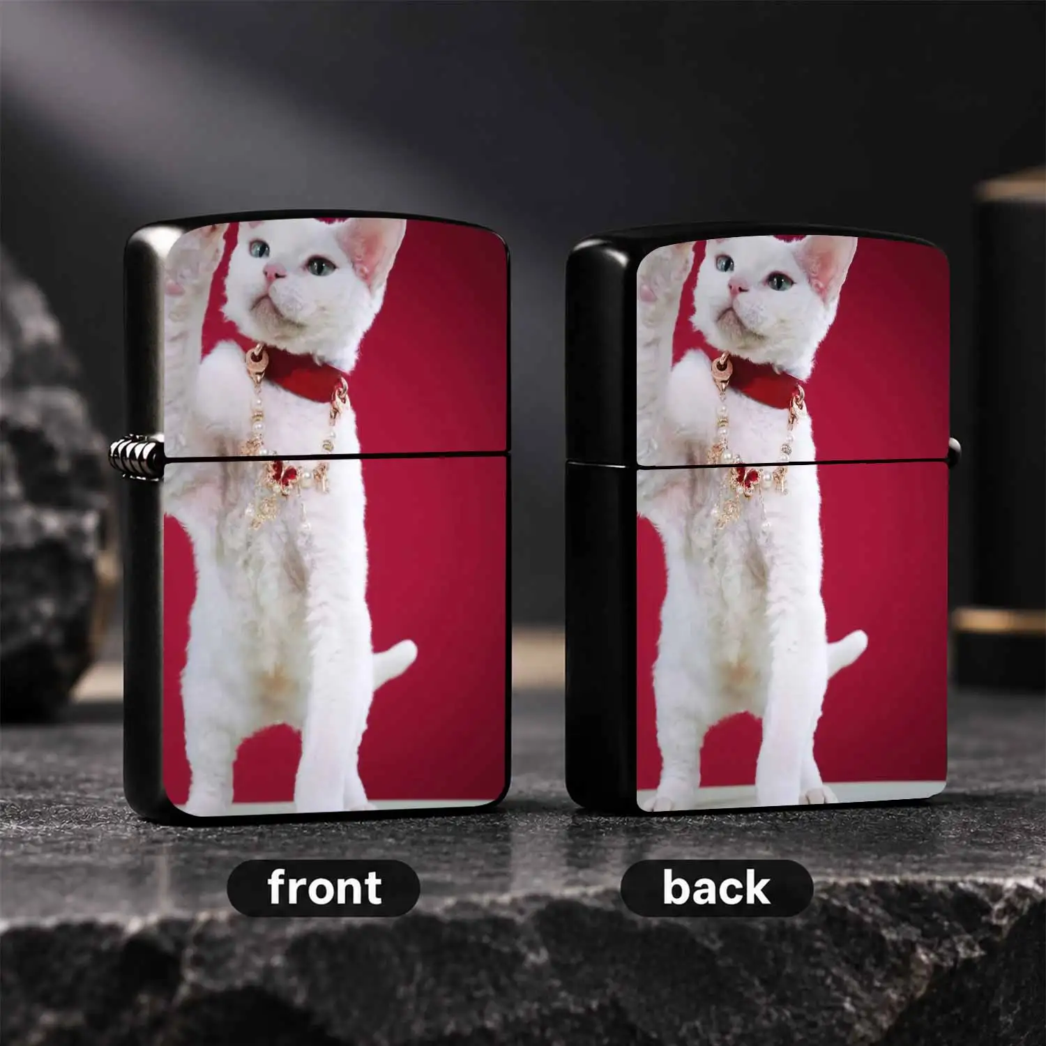 Exquisite Portable Ignition Accessory for All Scenes, Printed With Elegant Devon Rex Cat Adorned With Red Velvet Collar Inlaid Shiny Rhinestone Pearl Pendant, Stylish Practical Creative Item, Ide A Humorous And Interesting Lighter