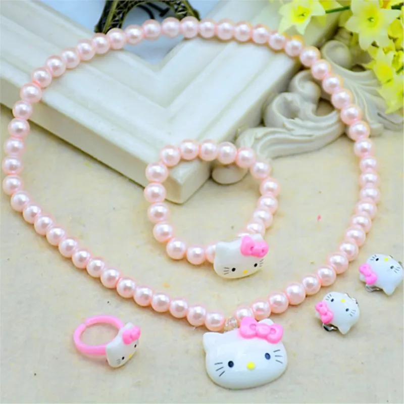 Cartoon SanrioHello Kitty Necklace Hairclips Ring Set Toy Kawaii Hellokitty Kid Hairpins Girl Heart Accessories Birthday Gifts