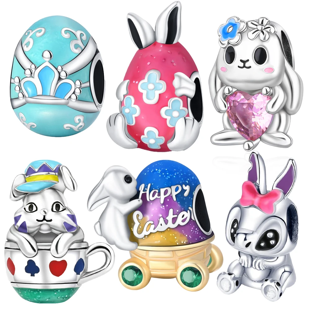 Exquisite 925 Sterling Silver Noctilucent Easter Eggs&cute Rabbits Charm  Children's Blessing Jewelry