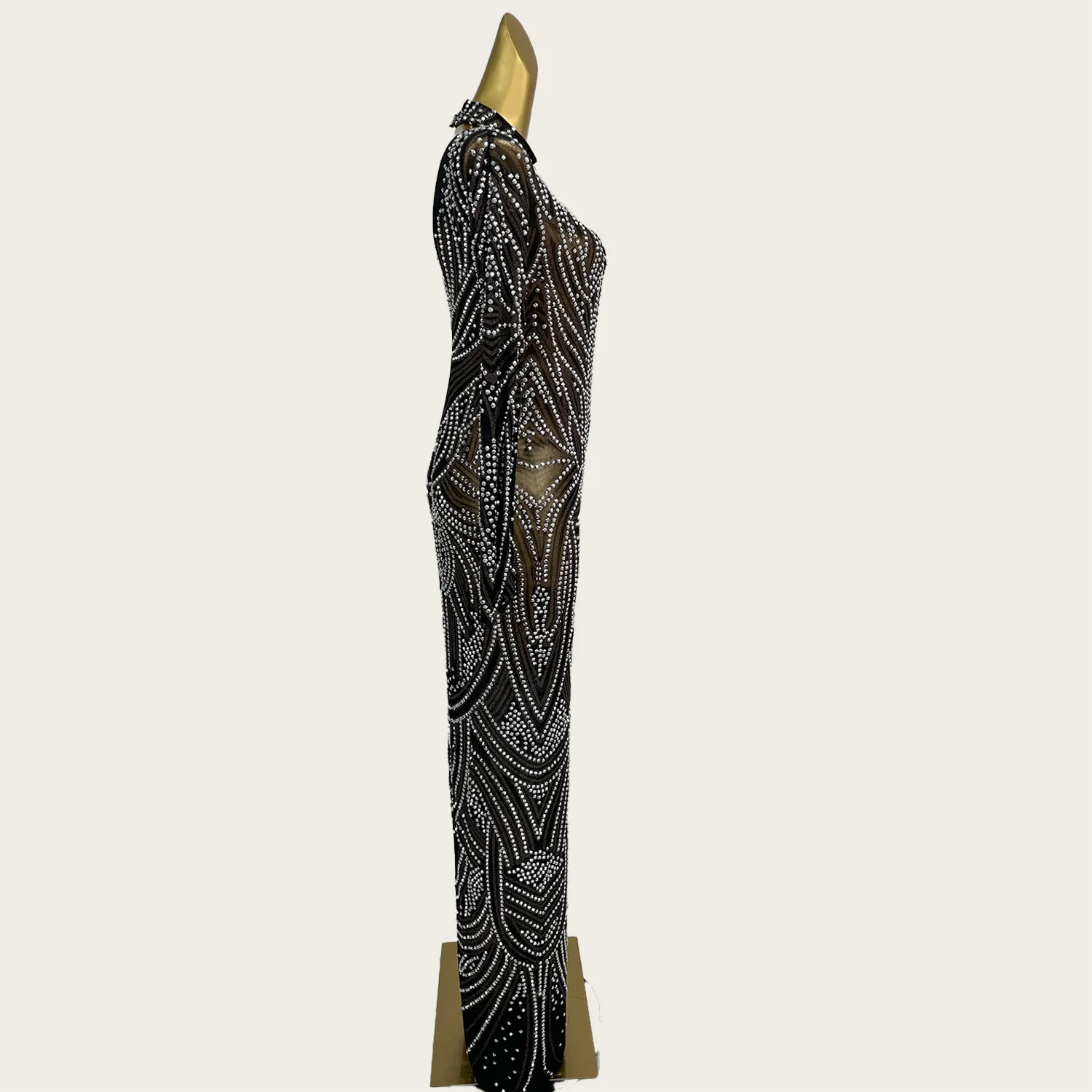 Czarna Przezroczysta Sukienka Wieczorowa z Siateczki, Galowa, Zdobiona Błyszczącymi Cyrkoniami, Długi Rękaw, Sukienka na Imprezę, Bal, Elegancka, Seksowna Długa Sukienka Damska Huayuan