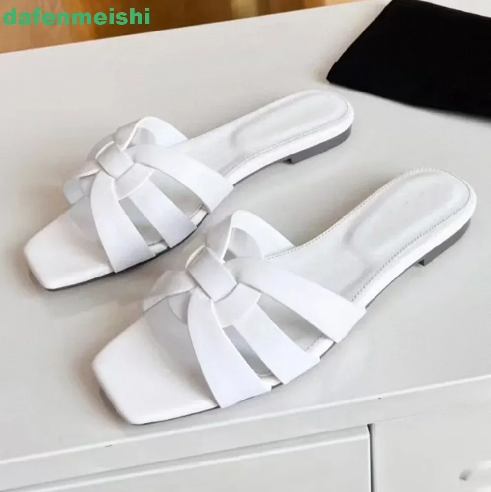 Cross Genuine Leather Women Slippers Square Toe Slip On Open Toe Flat Sandals Patent Leather Fashion 2026 Summer Sandal Slides