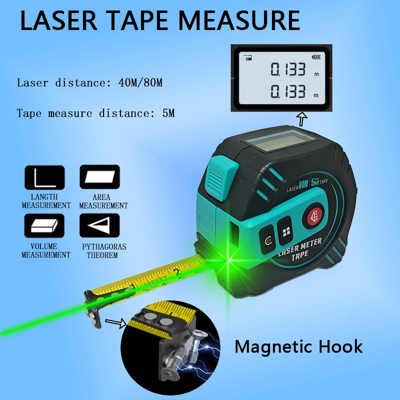 محدد المدى بالليزر 2 في 1 لشحن USB، 131 قدمًا/262 قدمًا، مع شريط قياس 16 قدمًا، شاشة LCD، أوضاع قياس متعددة وحدة