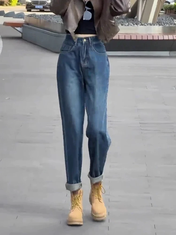 

Retro Blue Haren Jeans Women's Summer Comfort Loose High Waist Look Slim Simple and Versatile Straight Carrot Pants