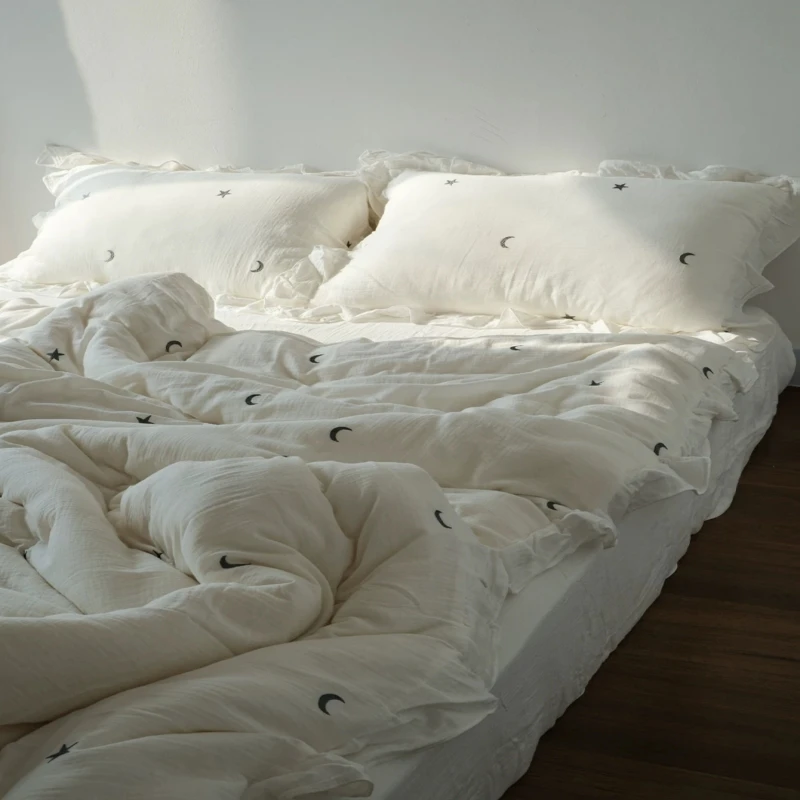 3Pcs Moon Star Embroidered Bedding set, 110G LinenTextured Microfiber Soft Breathable Bedding 1 Duvet Cover 2 Pillowcases
