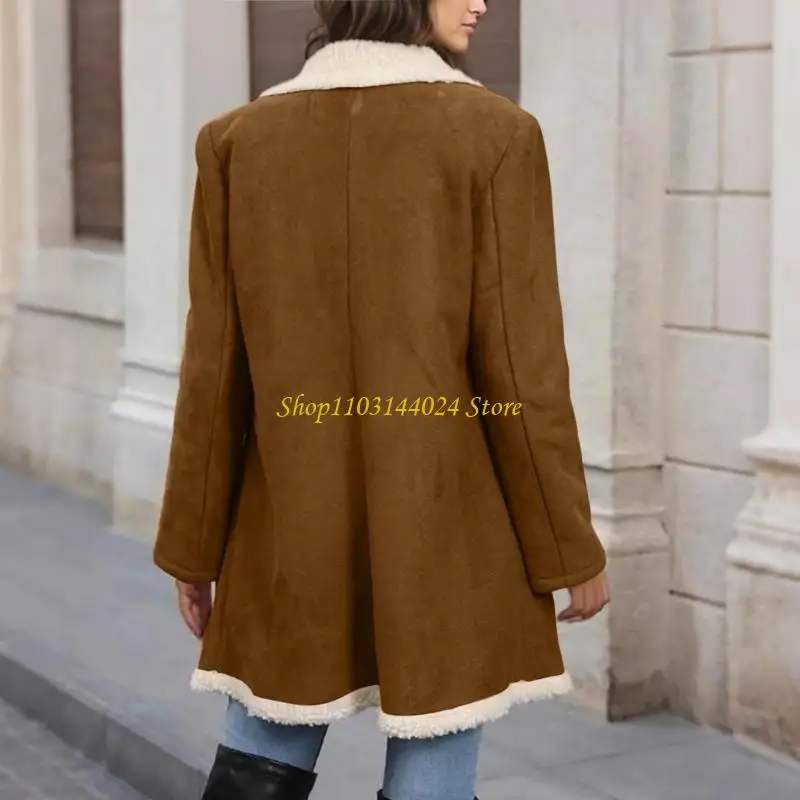 

N5KE женские длинные пальто из искусственной кожи на подкладке, двубортное флисовое кожаное зимнее теплое пальто с лацканами