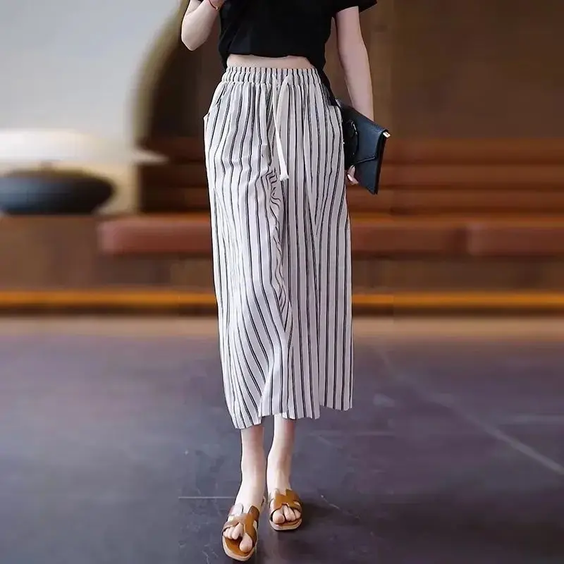 Women Summer Simplicity Loose fashionable Striped Ice shreds High Waist wide leg Ladies Casual All-match Fashion Cropped pants