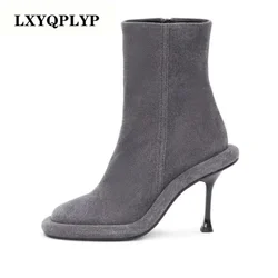 2023 Women's Autumn and Winter New Fashion Stiletto Heel Retro European and American Brand Side Zipper Denim Short Boots