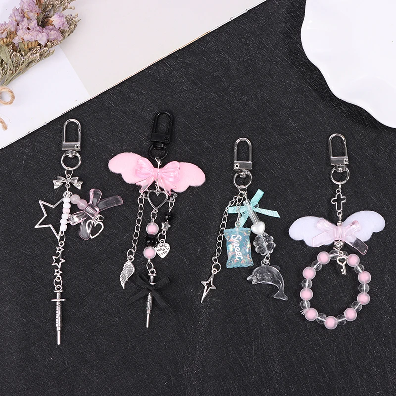 Y2k Pink Wings Phone Chain Dolphin Star Keychain Sweet Cool Beaded Earphone Case Pendant Bag Decor Car Keyring