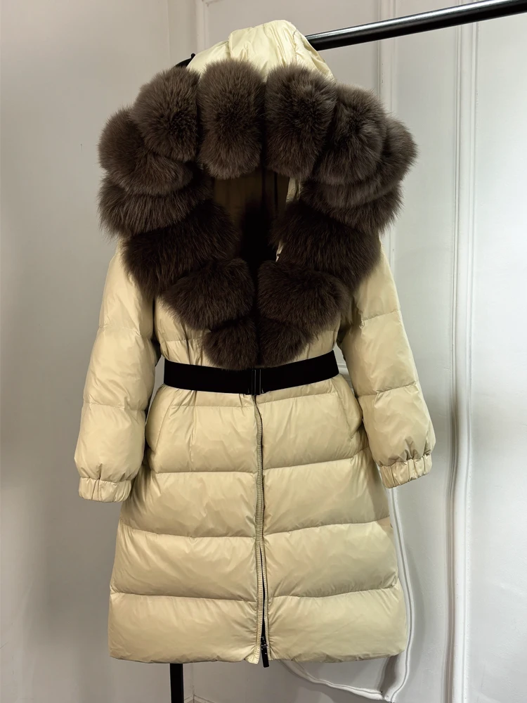 Lagabogy 2025 Winter Puffer Jacket Women Real Fox Fur Hooded Collar Thick Warm Long White Duck Down Coat Loose Luxury Outerwear